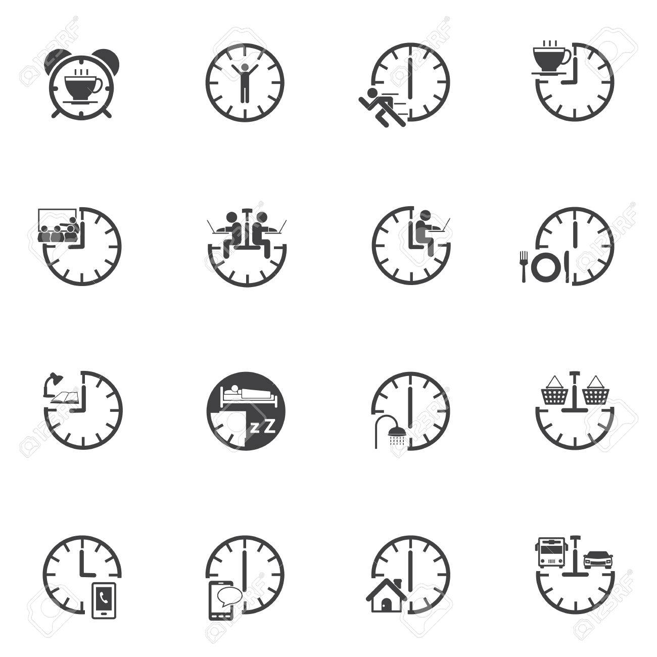time daily routine icons set for internet marketing and services