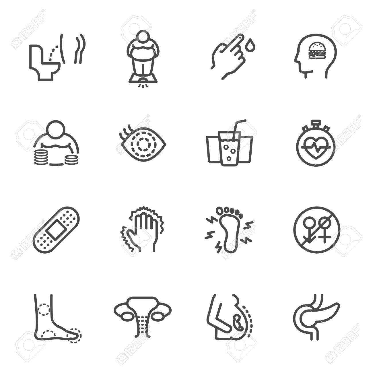 Diabetes Symptoms, Simple thin line healthcare and medical icons set, Vector icon design - 93621298 Diabetes Symptoms, Simple thin line healthcare and medical icons set, Vector icon design - 93621298