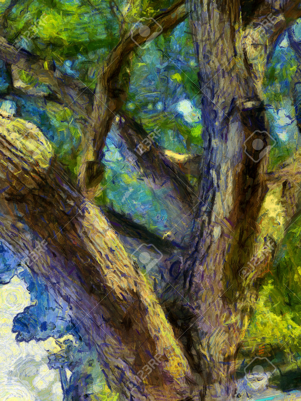 大きな木の幹や枝のイラストは、印象派の絵画スタイルを生み出します