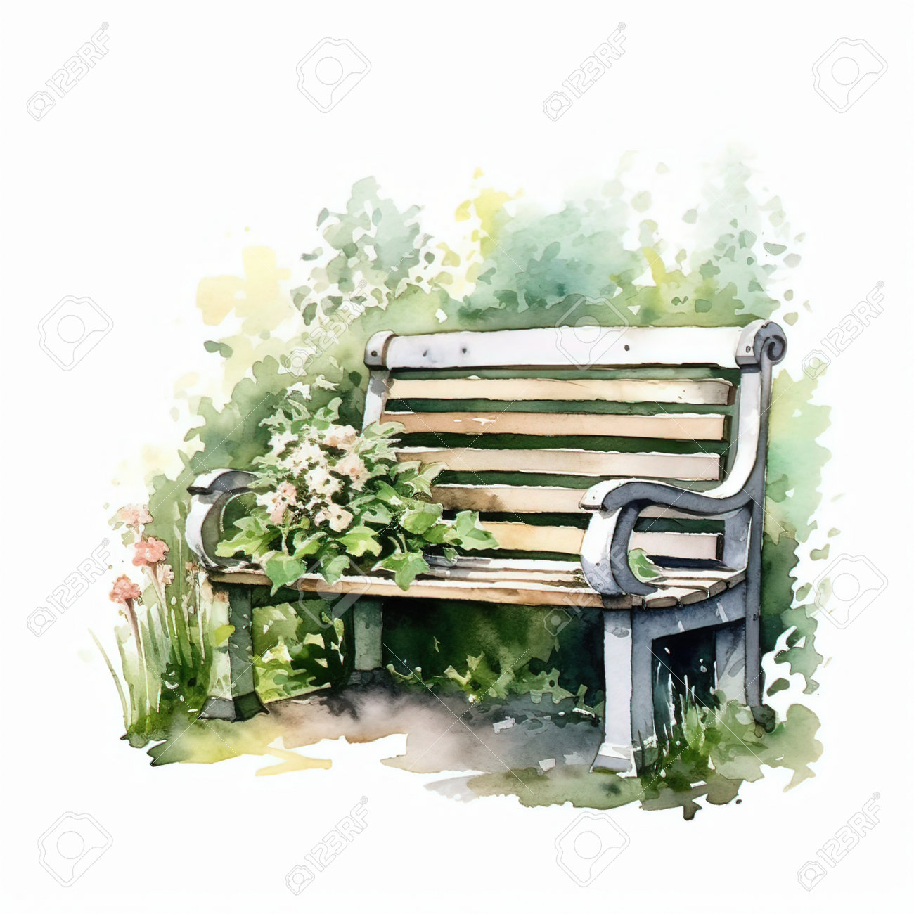 花とベンチ水彩画