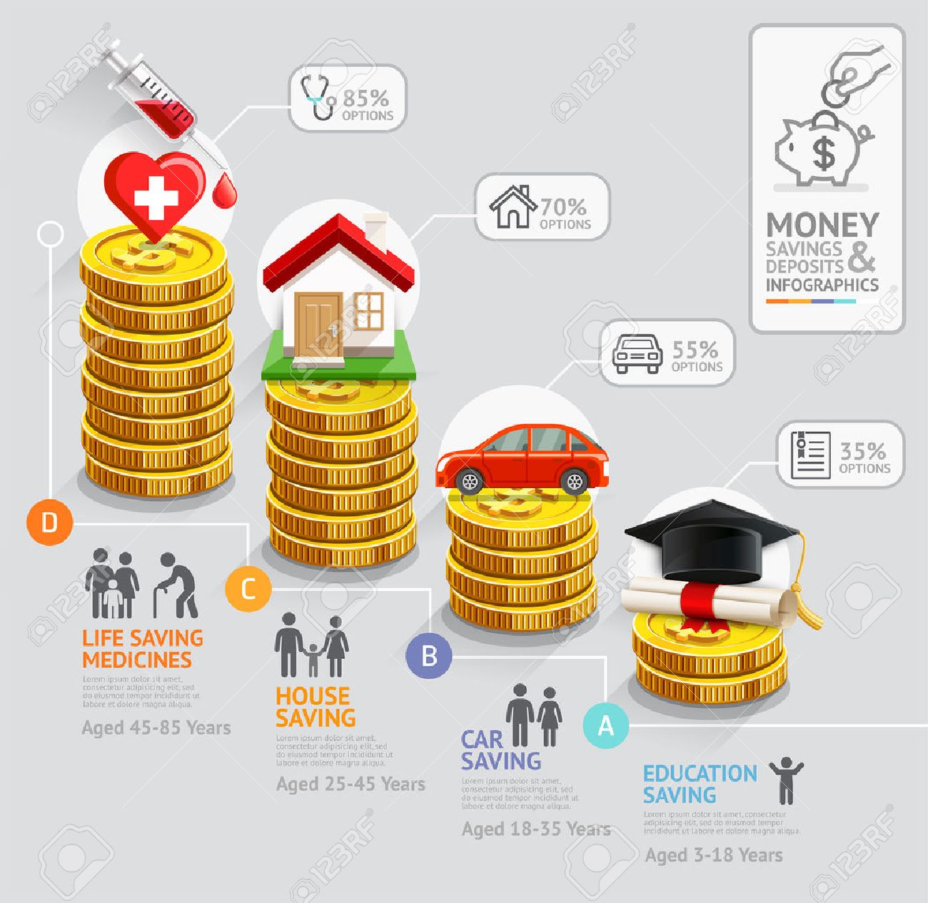 personal money saving planning infographics template gold coins