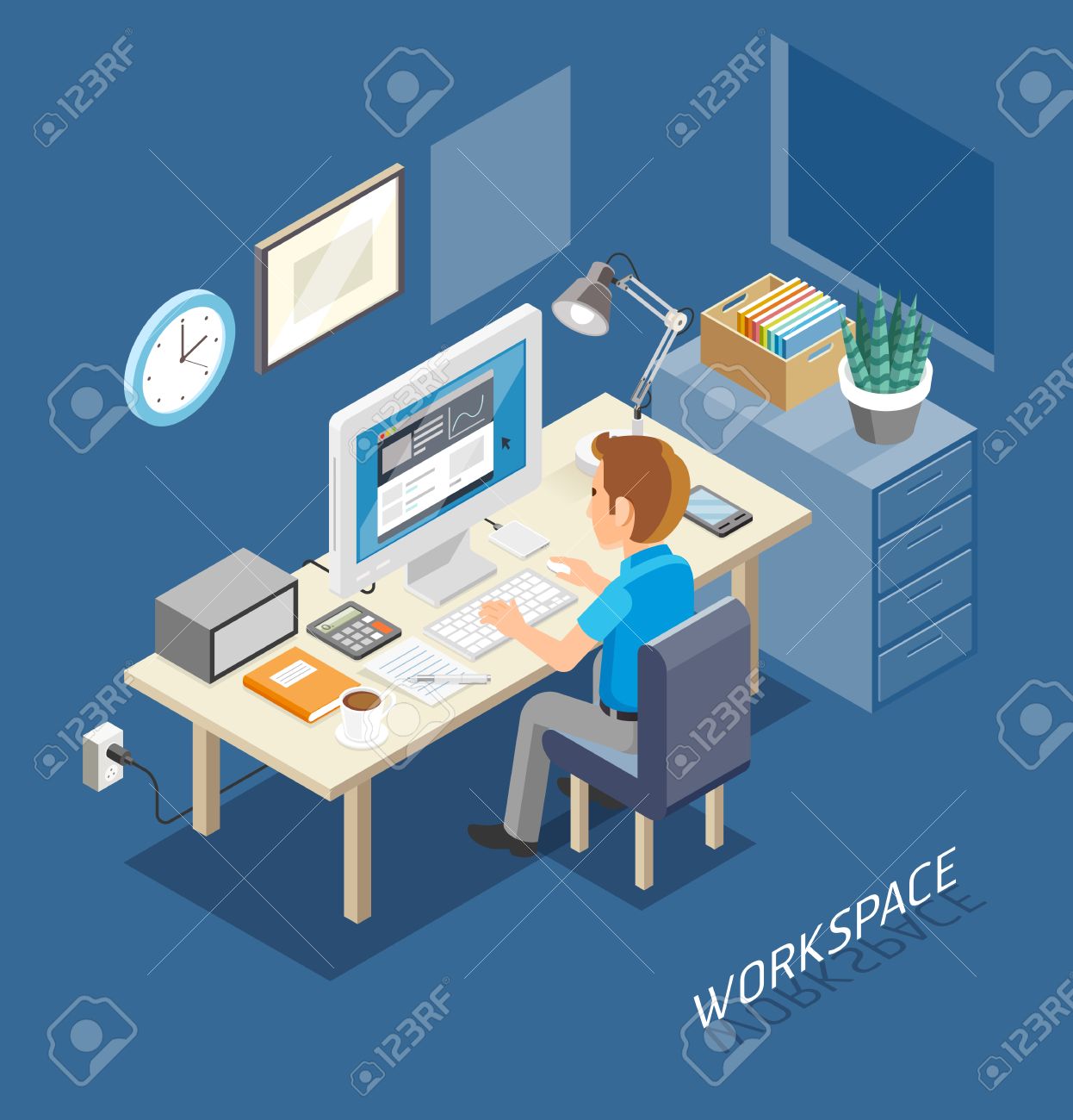 Work Space Isometric Flat Style. Business People Working On An Office Desk. Illustration. - 50958314 Work Space Isometric Flat Style. Business People Working On An Office Desk. Illustration. - 50958314