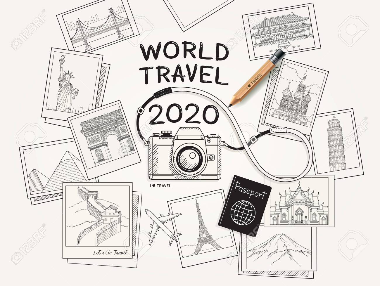 World travel 2020 concept. Camera and famous landmarks photo picture drawing style vector illustration. - 134379050 World travel 2020 concept. Camera and famous landmarks photo picture drawing style vector illustration. - 134379050