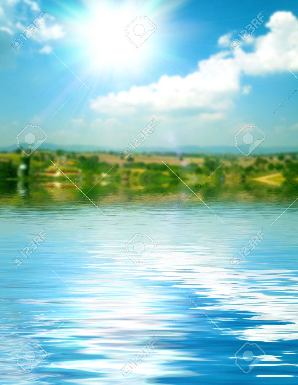 추상 표면 물 리플 및 부드러운 하늘과 구름 배경의 반사 로열티 무료 사진, 그림, 이미지 그리고 스톡포토그래피. Image  59566959