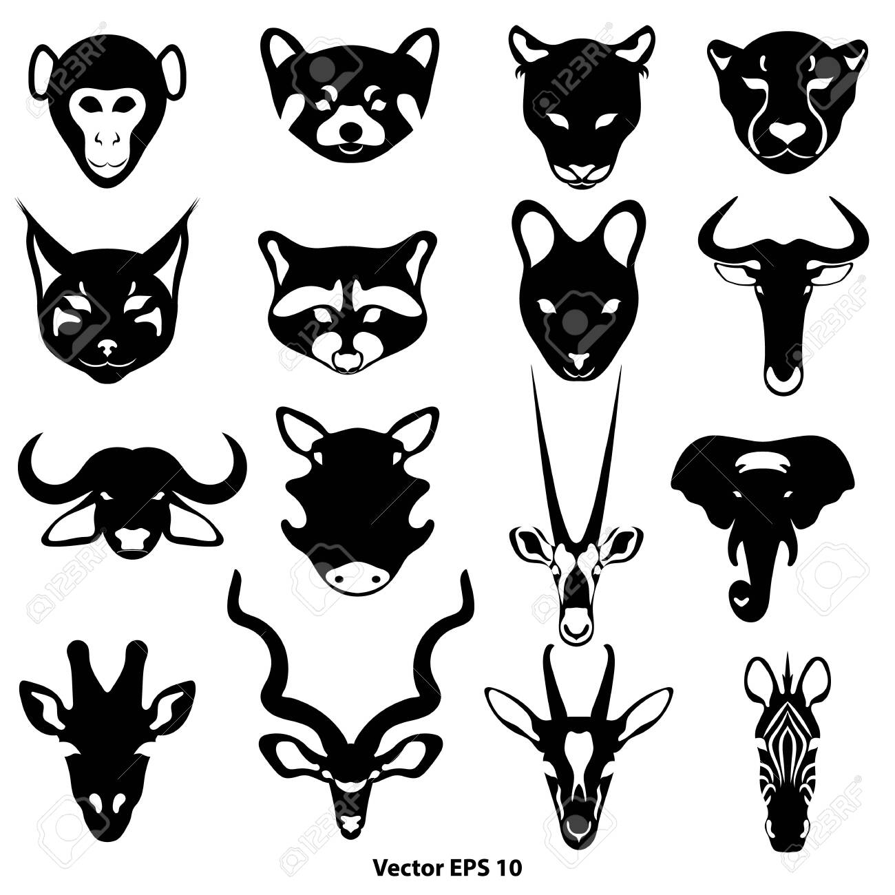 Set Of Black And White Wild Animal Head Silhouettes Royalty Free SVG,  Cliparts, Vectors, and Stock Illustration. Image 130480999., image size:1300x1300