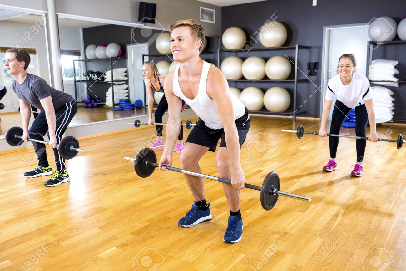 focused workout group doing