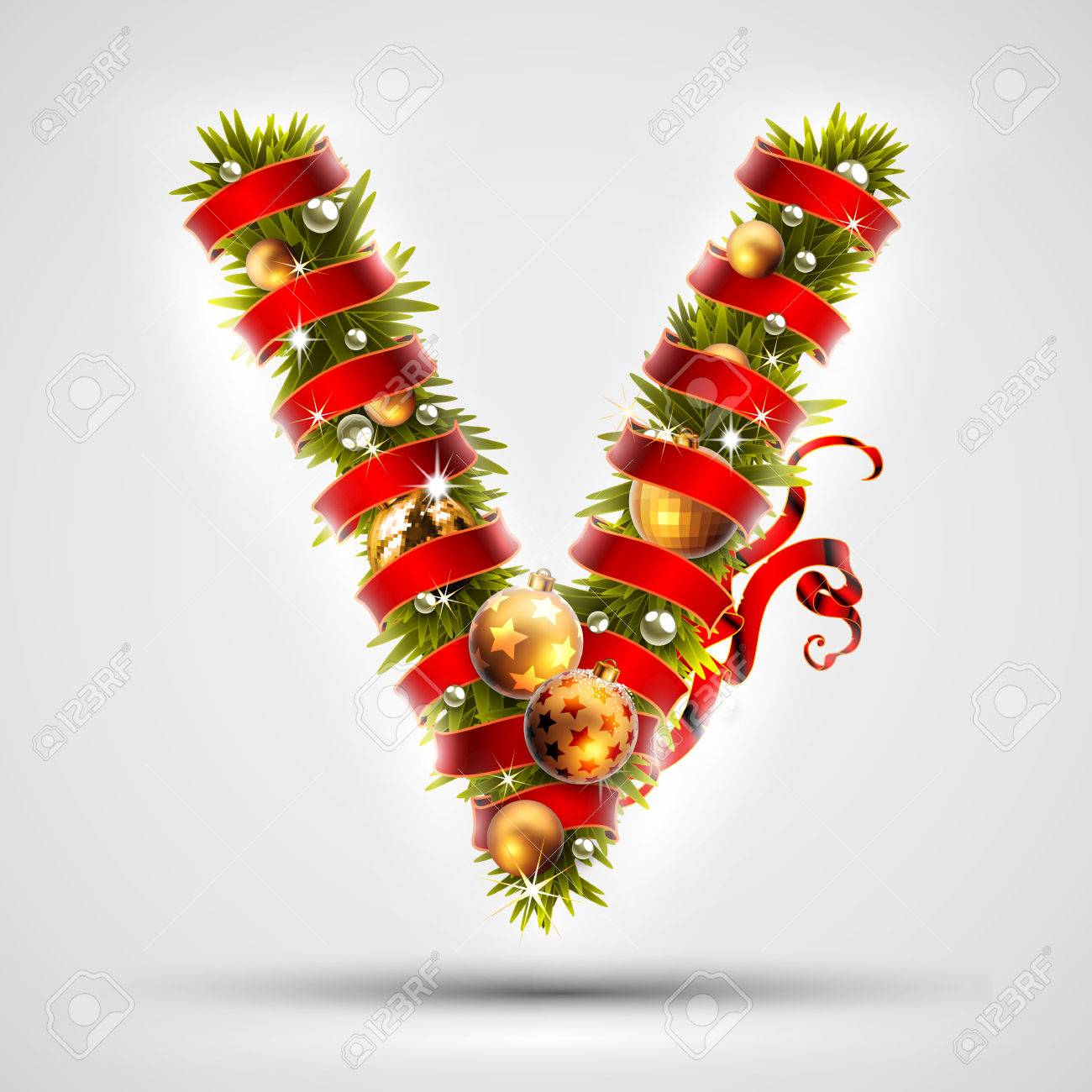 クリスマス フォントです 赤いリボンとゴールデン ボールで飾られたクリスマス ツリーの枝の手紙 V 非常にリアルなイラスト のイラスト素材 ベクタ Image