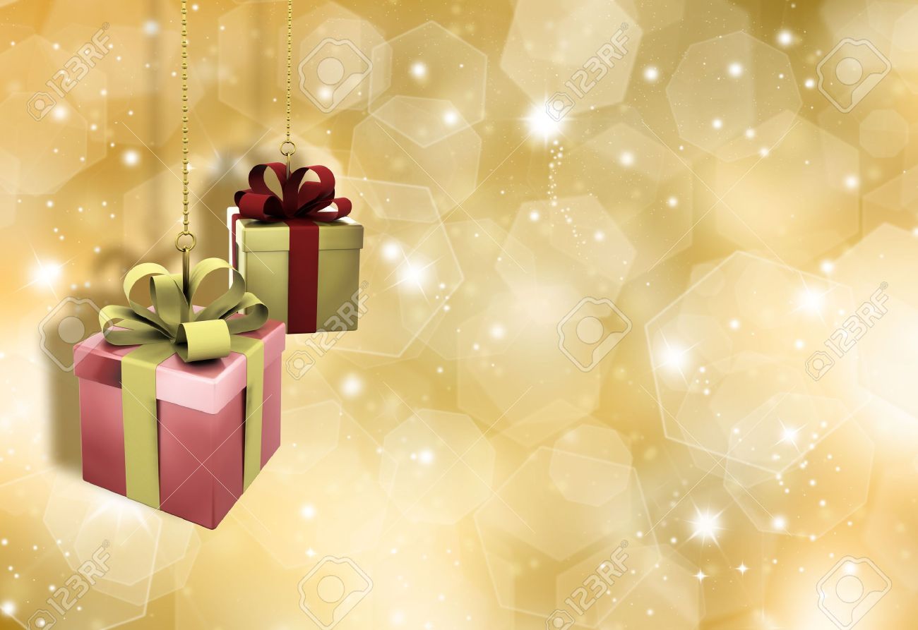hanging christmas gifts on a glittery gold christmas background gifts background