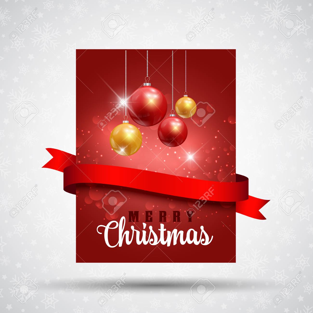 christmas flier design with baubles and red ribbon stock photo