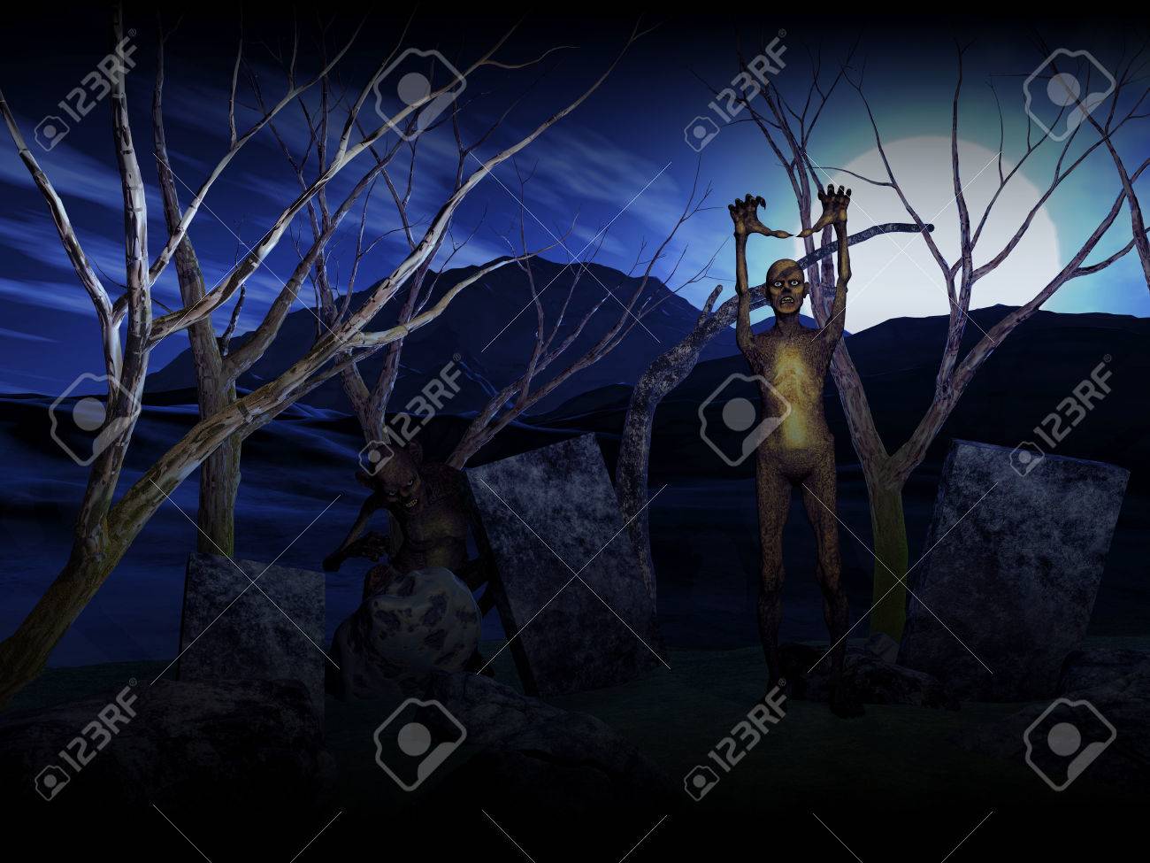 墓場のゾンビとハロウィーン背景の 3 D レンダリングします の写真素材 画像素材 Image