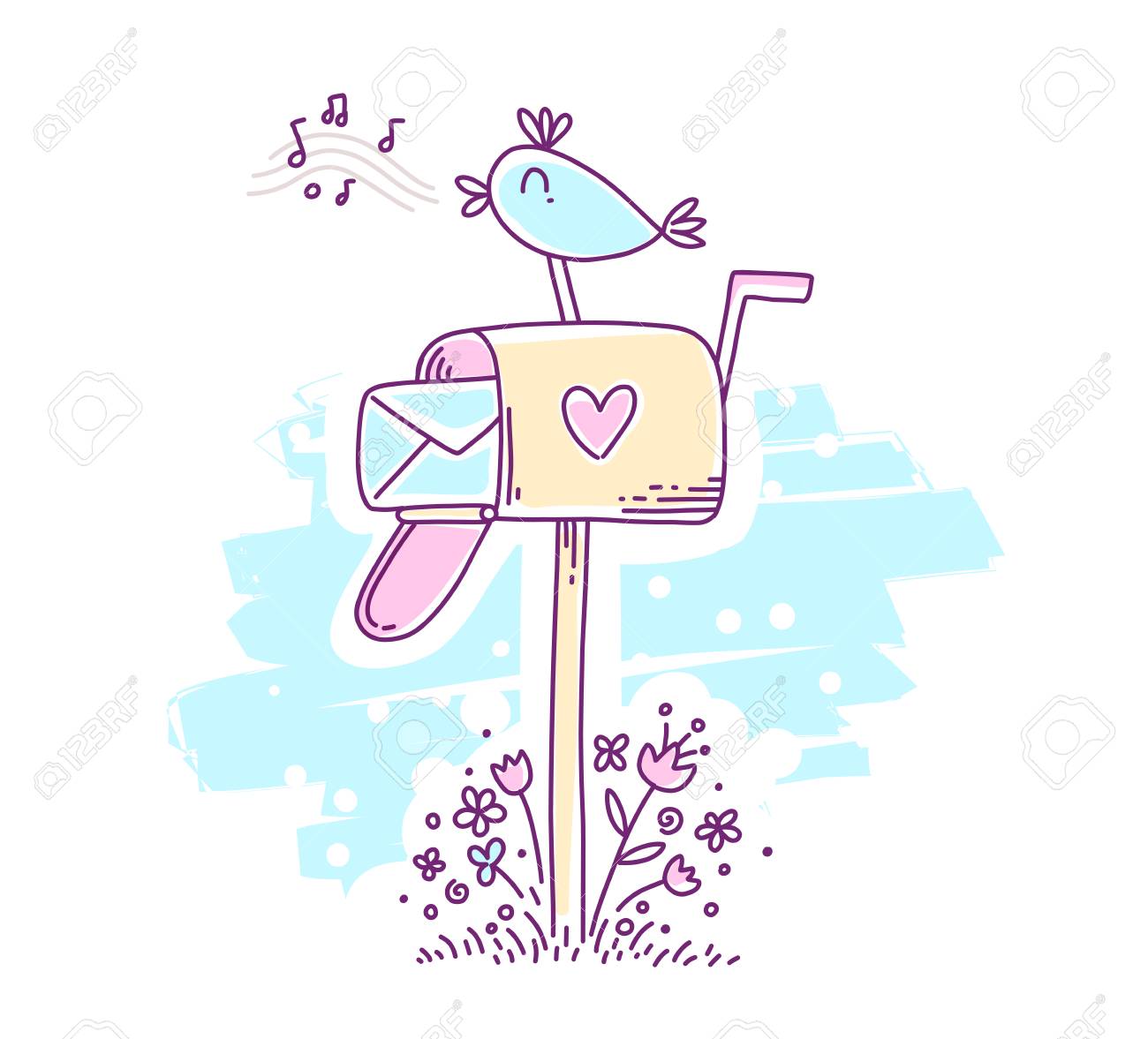 Vector Illustration Pour La Saison De Printemps Un Chant Doiseau Bleu Et Assis Sur La Boîte Aux Lettres Jaune Avec Coeur Rose Sur Fond Blanc Hand