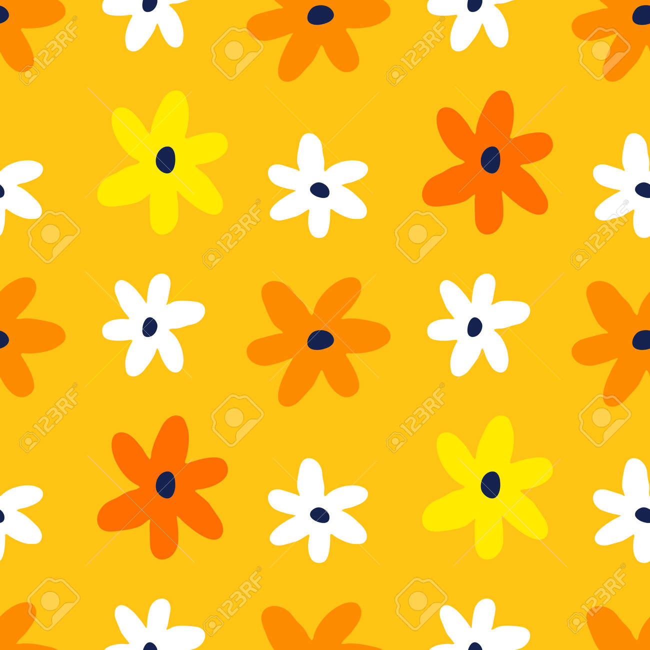 Vector Seamless Pattern With Beautiful Simple Flower On Yellow Color  Background. Flat Style Daisy Flower Pattern Design For Web Site And Fabric  Or Textile Print Royalty Free SVG, Cliparts, Vectors, and Stock, image size:1300x1300