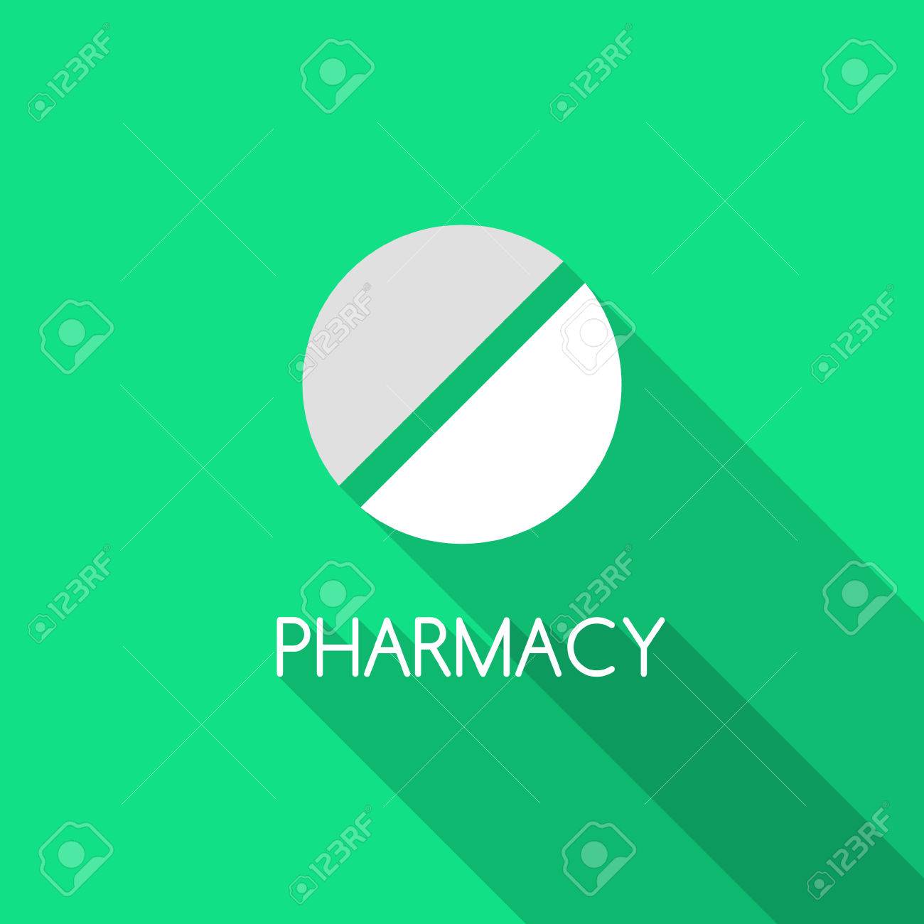 pharmacy design pill on green background and pharmacy text
