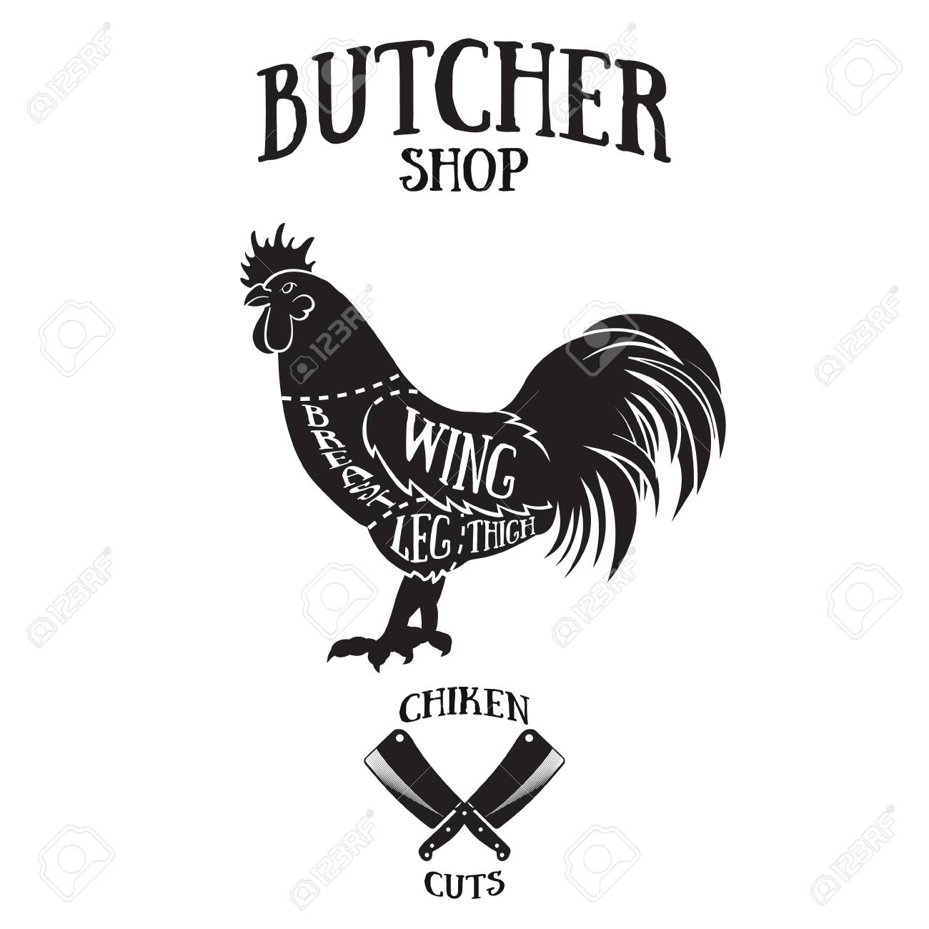 Butcher cuts scheme of chicken.Hand-drawn illustration of vintage style - 41695279 Butcher cuts scheme of chicken.Hand-drawn illustration of vintage style - 41695279