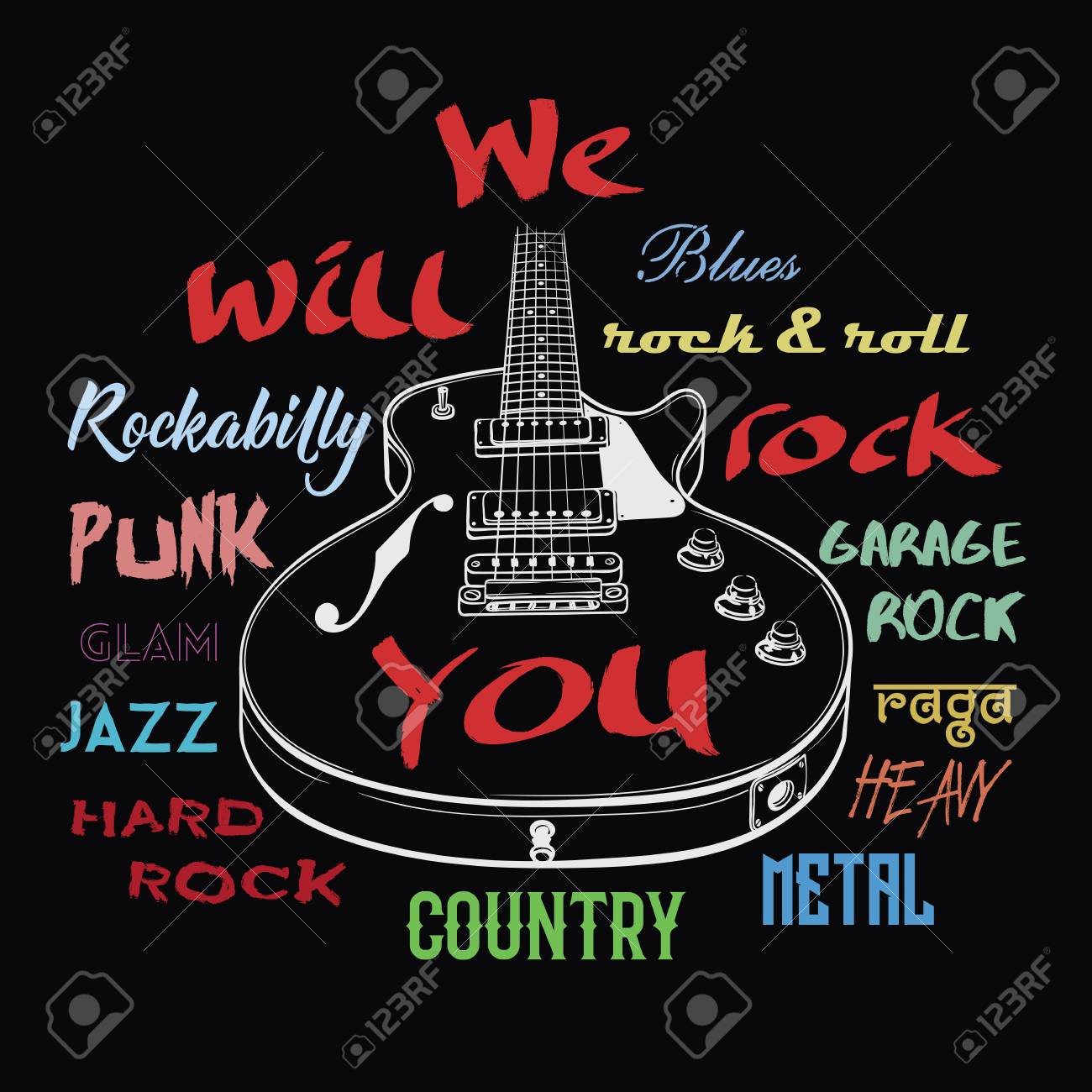 Electric guitar hand drawn illustration. We Will Rock You sign. Rock music typography, tee shirt graphic,art poster. - 99669899 Electric guitar hand drawn illustration. We Will Rock You sign. Rock music typography, tee shirt graphic,art poster. - 99669899