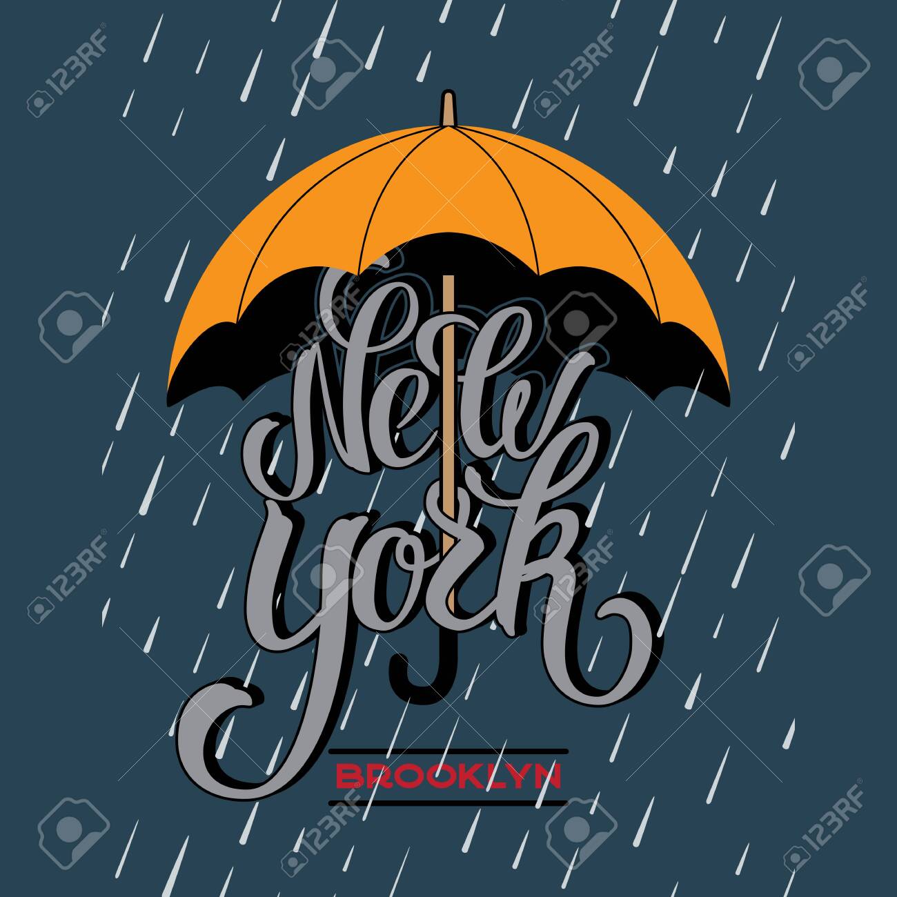 New York brush lettering design under a yellow umbrella protecting from rain drop. - 128474943 New York brush lettering design under a yellow umbrella protecting from rain drop. - 128474943