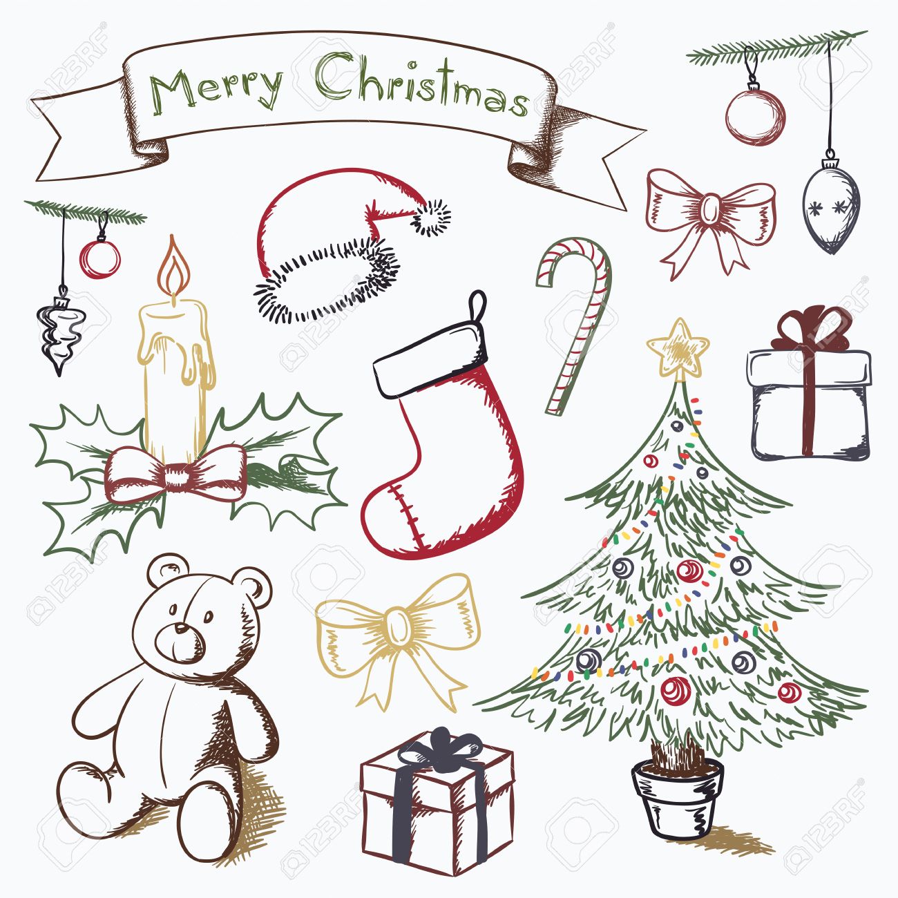 christmas themed set of vector drawings royalty free cliparts