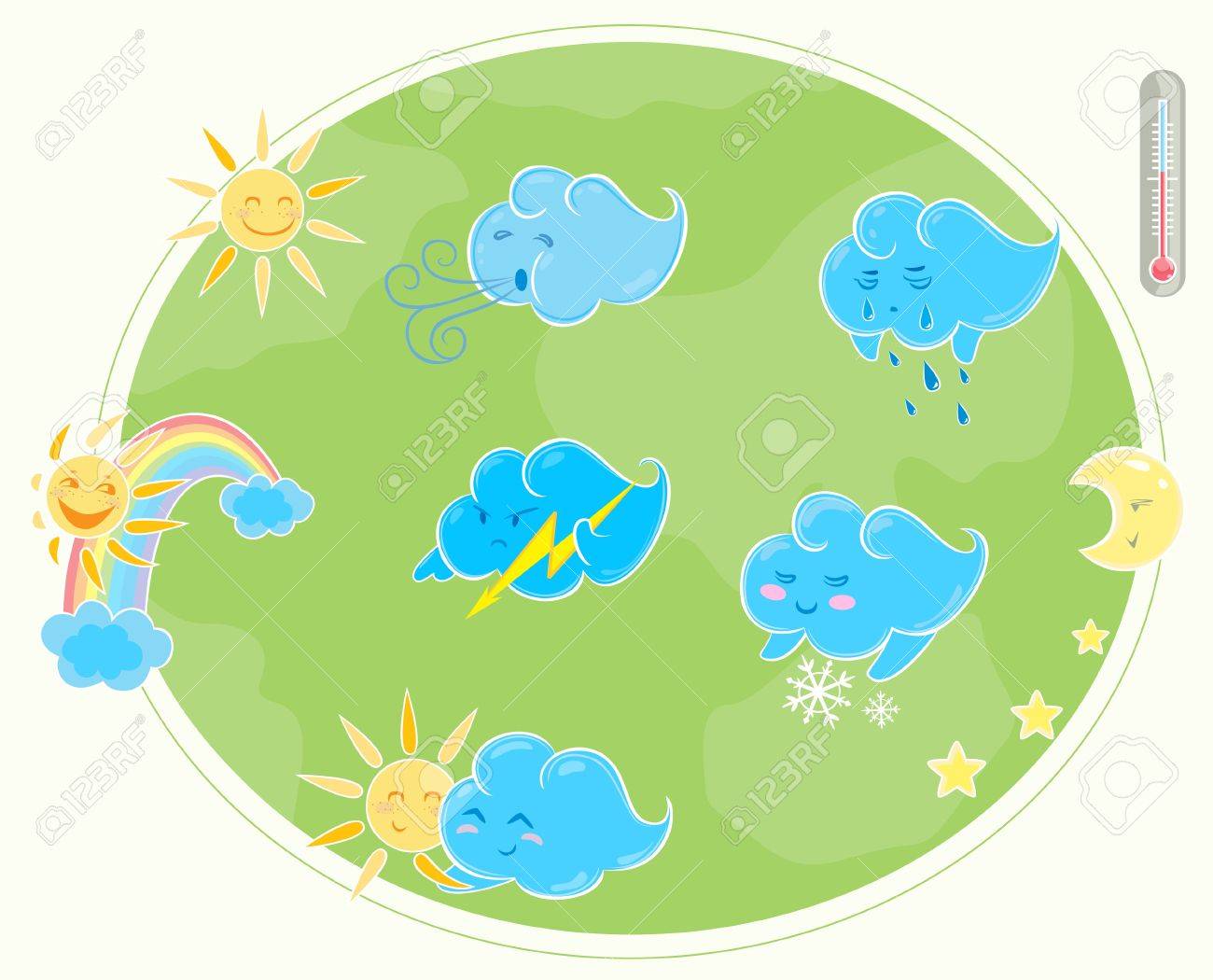 天気アイコン設定すると 相対的な気分文字で天候のあらゆる種類を示す のイラスト素材 ベクタ Image