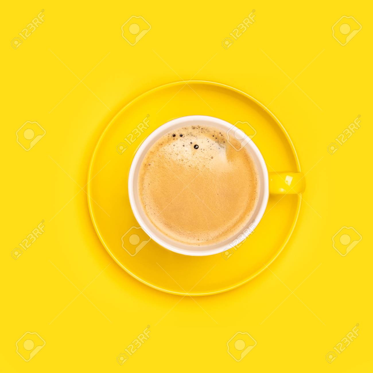Download Yellow Coffee Cup On Yellow Background Flat Lay Square Composition Stock Photo Picture And Royalty Free Image Image 116755057 Yellowimages Mockups