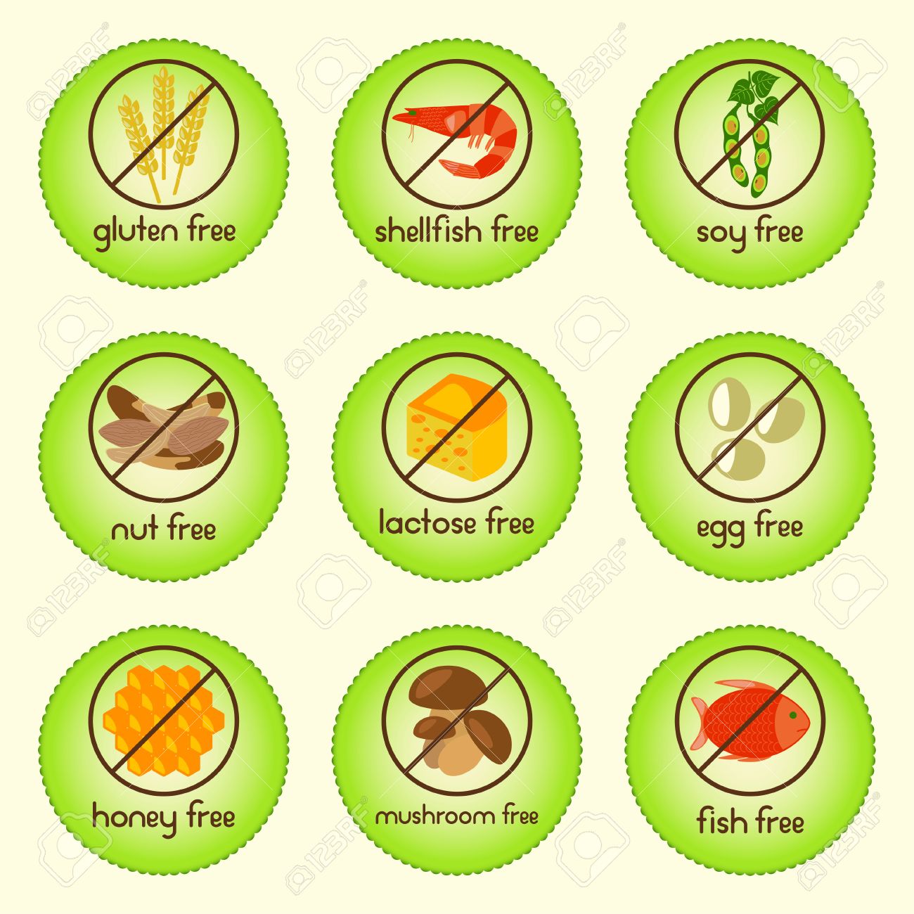 カラフルなアレルゲン食品セット グルテン無料 貝無料 フリー 大豆フリー ナット無料 乳糖無料 卵無料 無料 キノコ蜂蜜無料で魚無料アイコンです の イラスト素材 ベクタ Image カラフルなアレルゲン食品セット グルテン無料 貝無料 フリー 大豆フリー ナット無料 乳糖無料 卵無料 無料 キノコ蜂蜜無料で魚無料アイコンです の イラスト素材 ベクタ Image