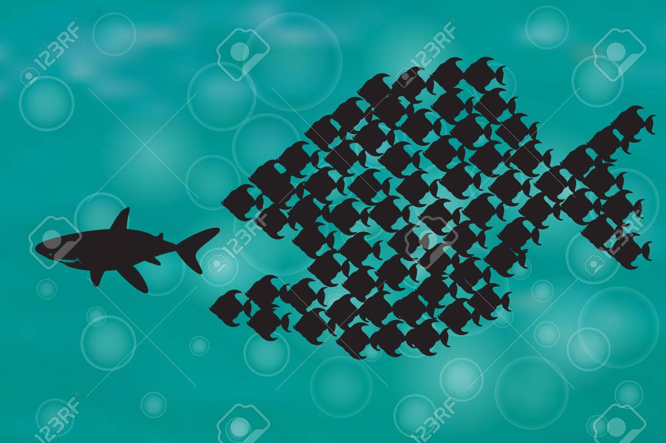 teamwork concept illustration with big fish chasing small fish