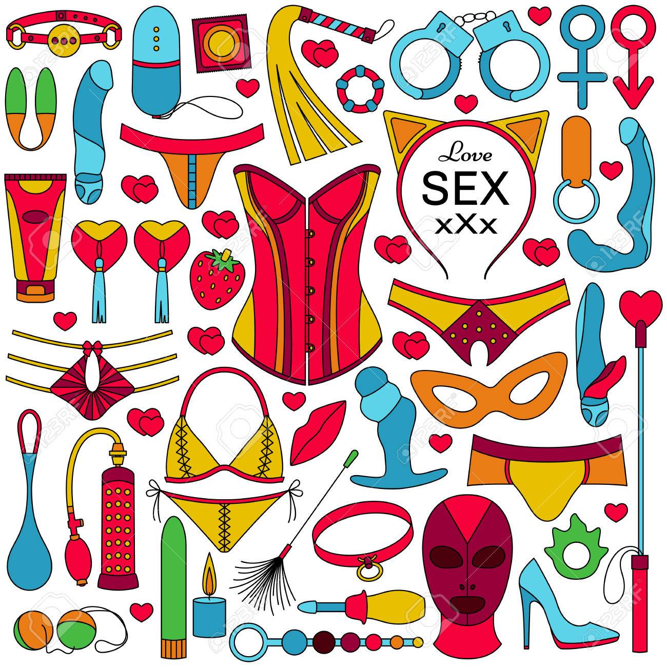 Sex toys set. Colorful outlined icons. Vector illustration. - 57527546 Sex toys set. Colorful outlined icons. Vector illustration. - 57527546