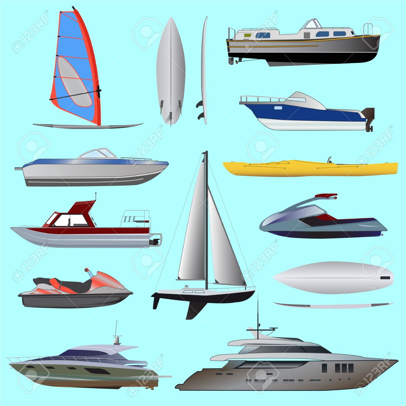 Set Of Boat Sailing And Motor Boats Yacht Jet Ski Boat Motor Royalty Free Cliparts Vectors And Stock Illustration Image 61412940