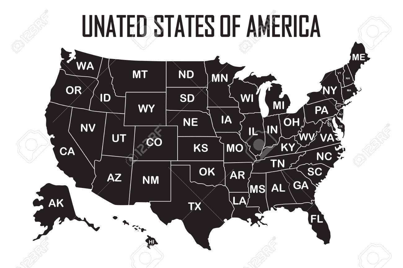 poster-map-of-united-states-of-america-with-state-names-on-the-white-background-black-and-white-print-map-of-usa-for-t-shirt-poster-or-geographic-themes-vector-illustration-royalty-free-svg for Free Printable United States Map With State Names Poster Map Of United States Of America With State Names On The White Background. Black And White Print Map Of USA For T-shirt, Poster Or Geographic Themes. Vector Illustration. Royalty Free SVG, for Free Printable United States Map With State Names