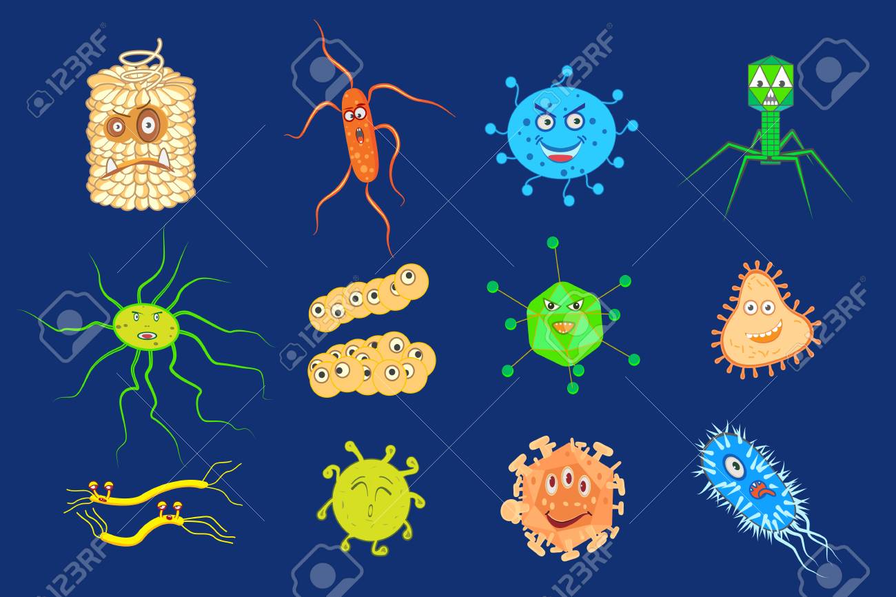 Good Bacteria And Bad Bacteria Cartoon Characters Isolated On White. Set Of  Funny Bacterias Germs In Flat Cartoon Style. Good And Bad Microbes. Enteric  Bacteria, Gut And Intestinal Flora. Royalty Free SVG,, image size:1300x866