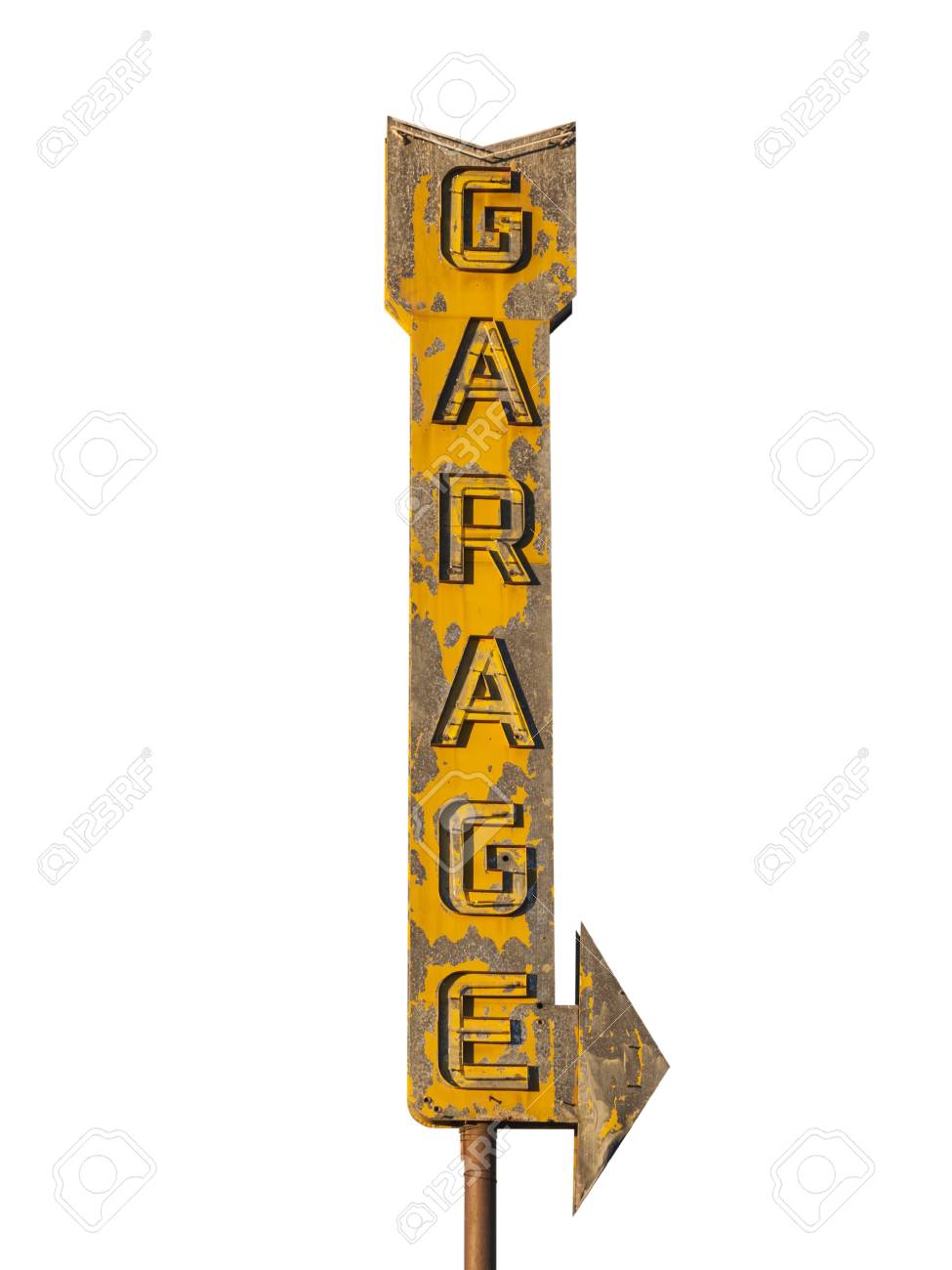 vintage neon garage arrow sign isolated with clipping path stock