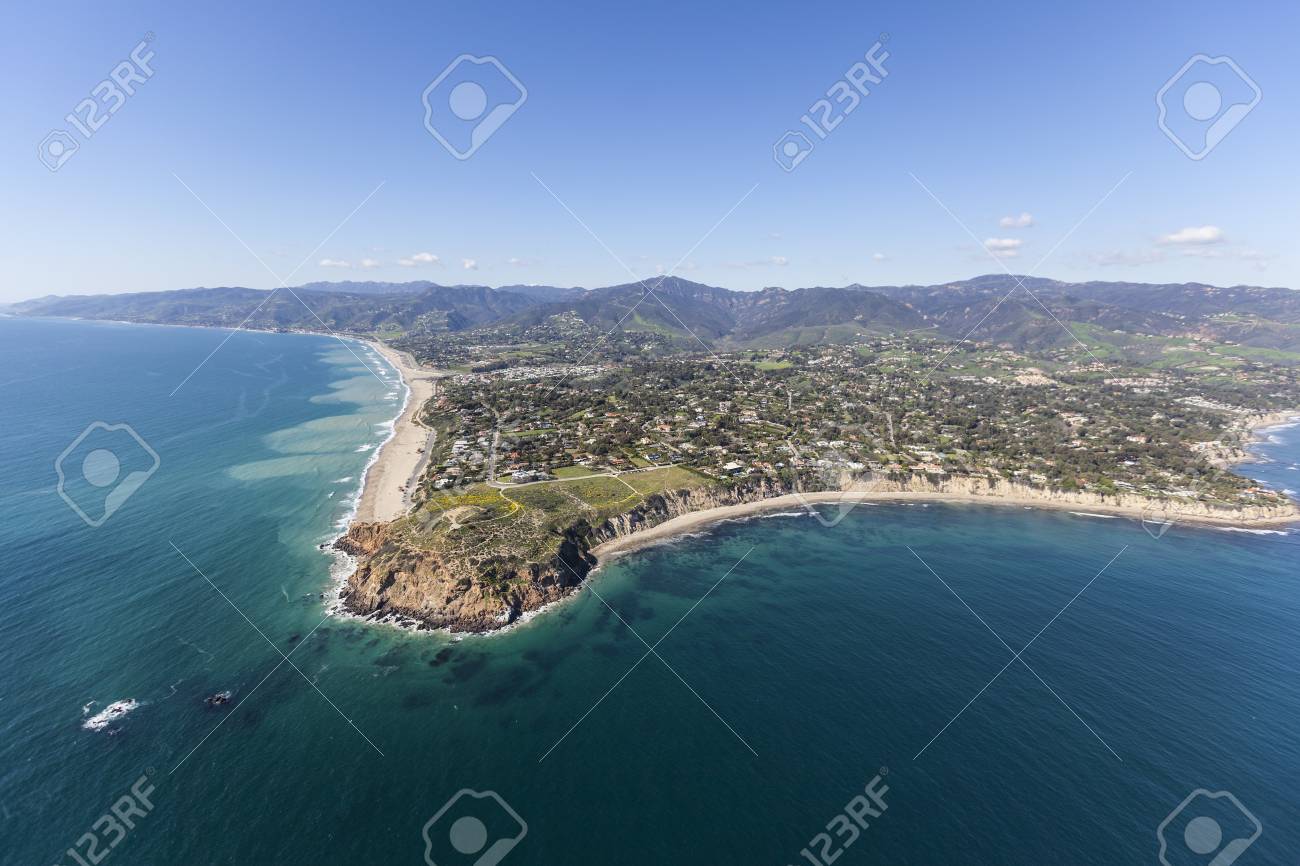 aerial shoreline view of point dume in malibu california stock