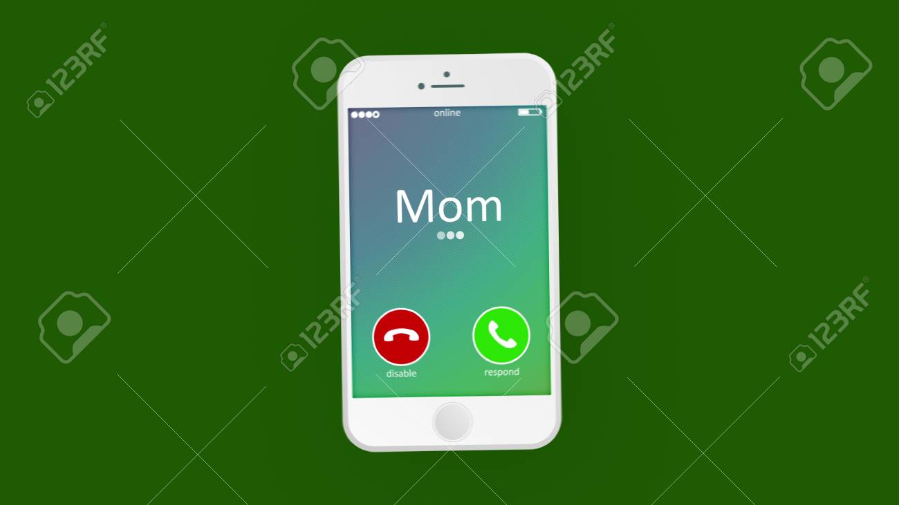 抽象的な電話の通話 携帯電話が Mom 碑文の心と心の 3 D イラストレーション また無効にする 応答標識 明るい緑の背景にしています の写真素材 画像素材 Image