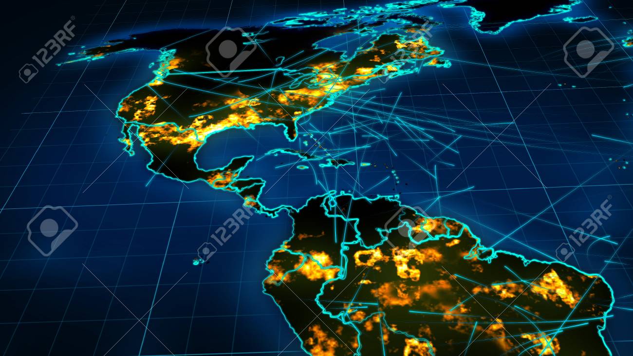 a cyberspace 3d rendering of a world map of north america south world map of north and south america