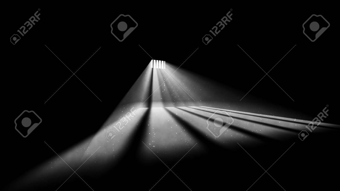 完全に暗い独房で斜めの刑務所の窓の光の息をのむ 3 D イラスト 太陽の光線は 希望の光のような自由を探します 彼らは刑務所の床に壊れた白のストライプを形成します の写真素材 画像素材 Image