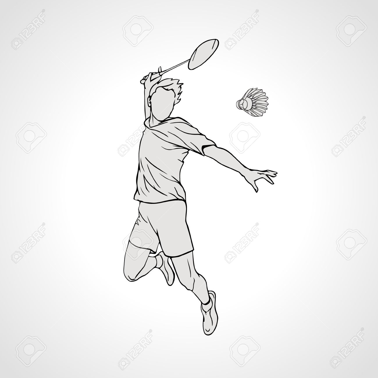 Vector illustration of Badminton player. Black and white badminton player during smash shot. Hand drawn. - 49137422 Vector illustration of Badminton player. Black and white badminton player during smash shot. Hand drawn. - 49137422