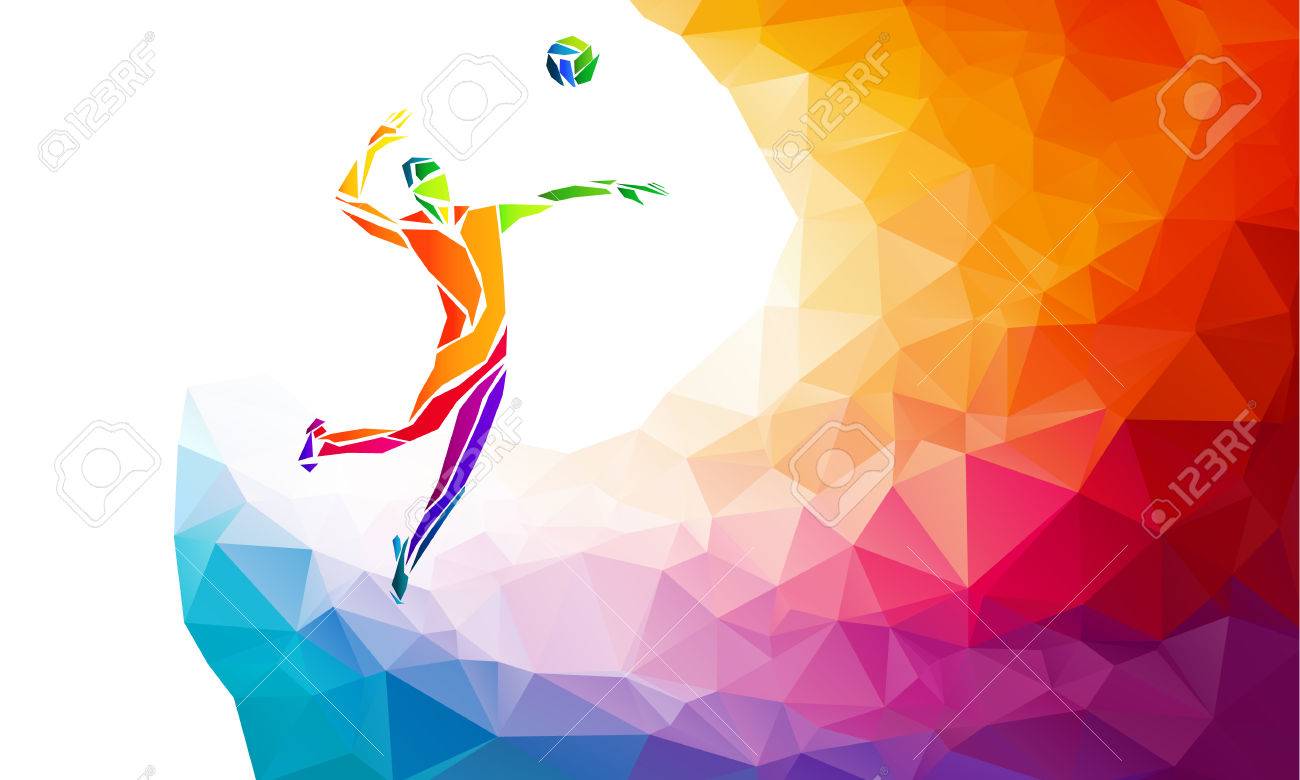 Creative silhouette of volleyball player receiving a ball. Beach sport, colorful vector illustration with background or banner template in trendy abstract colorful polygon style and rainbow back - 61450155 Creative silhouette of volleyball player receiving a ball. Beach sport, colorful vector illustration with background or banner template in trendy abstract colorful polygon style and rainbow back - 61450155