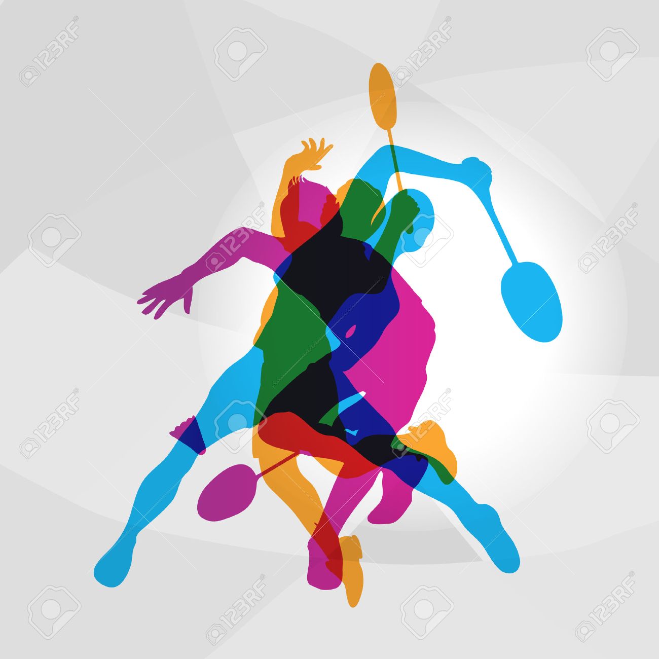 Modern Badminton Players In Action Logo. Color silhouettes of badminton players, sports poster background. Vector eps 10 - 61450293 Modern Badminton Players In Action Logo. Color silhouettes of badminton players, sports poster background. Vector eps 10 - 61450293