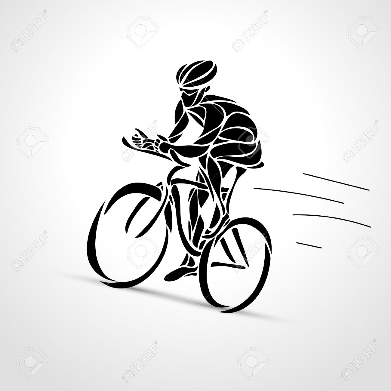 自転車の抽象的な創造的なシルエット 黒サイクリスト波スタイルのロゴ 正面から見た図 自転車のベクトル イラスト のイラスト素材 ベクタ Image