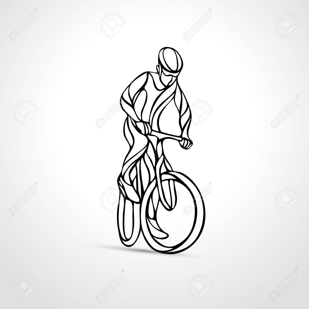 自転車のシルエットを抽象的な創造的な線画 サイクリスト波スタイルのロゴを概説します 正面から見た図 自転車のベクトル イラスト のイラスト素材 ベクタ Image