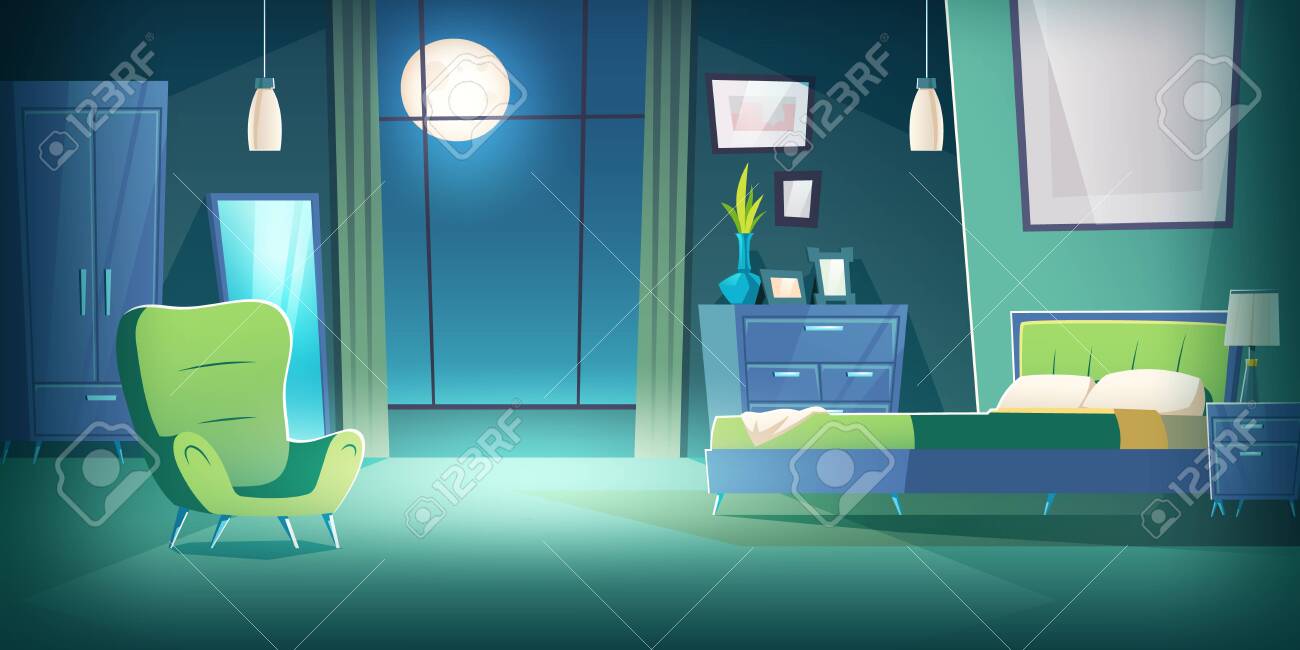 Bedroom Interior At Night Cartoon Vector Illustration. Comfortable Living  Room Interior In Moonlight With Double Bed, Wardrobe And Mirror, Cozy House  Inside, Apartment With Furniture Background Royalty Free SVG, Cliparts,  Vectors, And