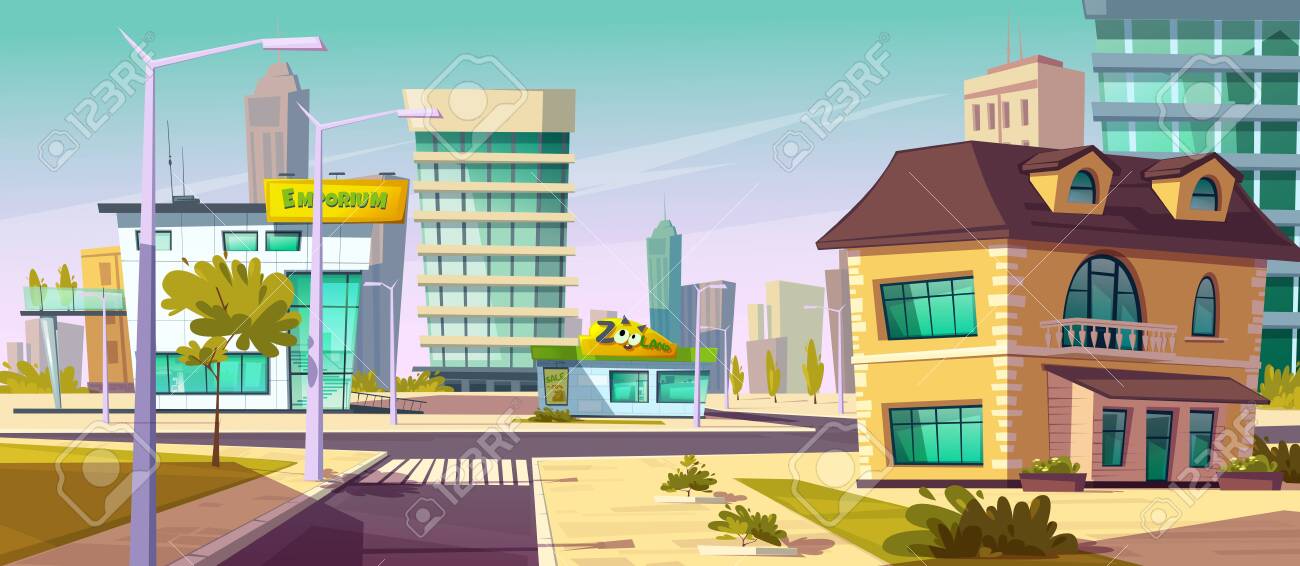 Urban Street Landscape With Shopping Mall And Residential Buildings In Background, Cartoon Vector. Cityscape With Crossroads, Sidewalk, Building Facades, Pet-shop, Town Poster Royalty Free SVG, Cliparts, Vectors, And Stock Illustration. Image 140453564. Urban Street Landscape With Shopping Mall And Residential Buildings In Background, Cartoon Vector. Cityscape With Crossroads, Sidewalk, Building Facades, Pet-shop, Town Poster Royalty Free SVG, Cliparts, Vectors, And Stock Illustration. Image 140453564.
