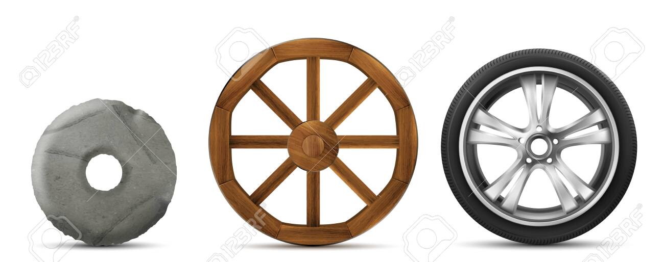 Wheels Evolution From Primitive Stone Ring Ancient Wooden To Modern Car Tire With Disk History Of Transport Wheels Vector Set Of Old And New Invention Isolated On White Background Royalty Free Cliparts