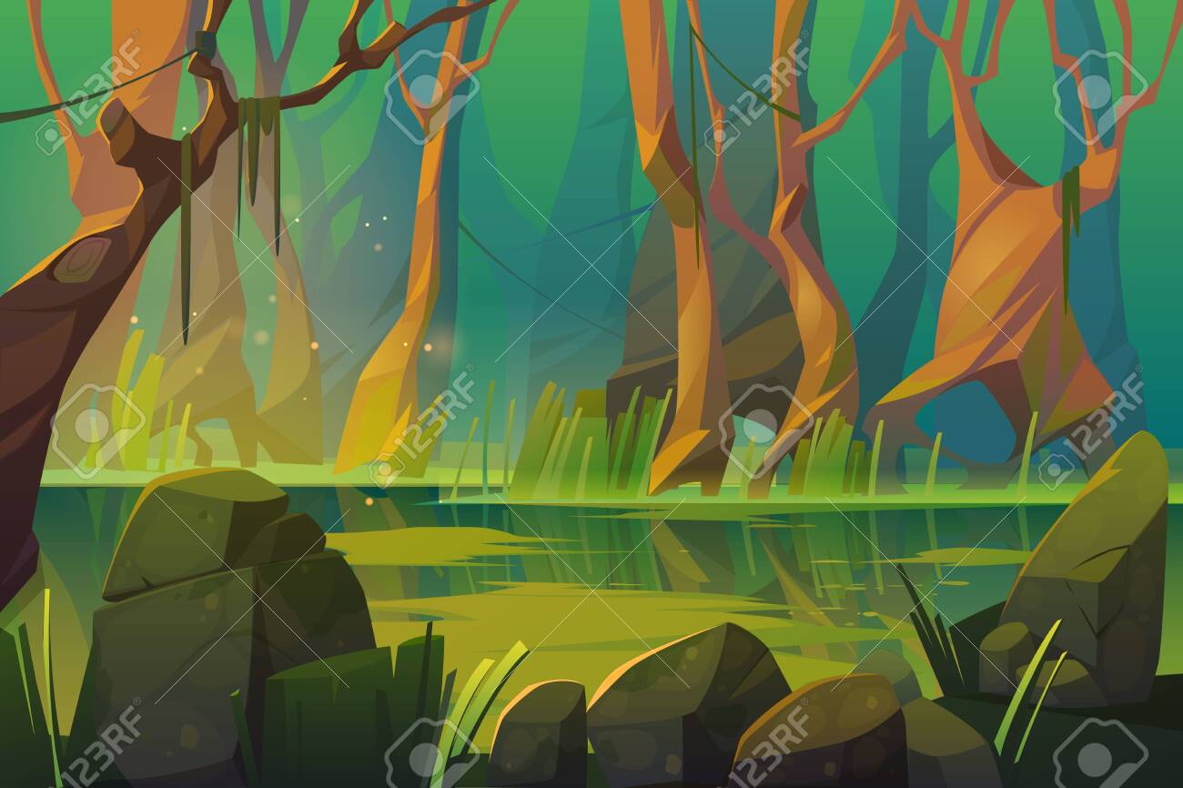 Swamp in tropical forest, fairy landscape with marsh, trees trunks, bog grass and rocks. Vector cartoon illustration of wild jungle, rain forest with river or swamp - 148173942 Swamp in tropical forest, fairy landscape with marsh, trees trunks, bog grass and rocks. Vector cartoon illustration of wild jungle, rain forest with river or swamp - 148173942