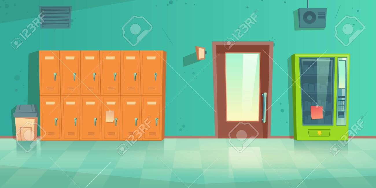 School Hallway Empty Corridor Interior With Lockers Vending Royalty Free Cliparts Vectors And Stock Illustration Image 148194989