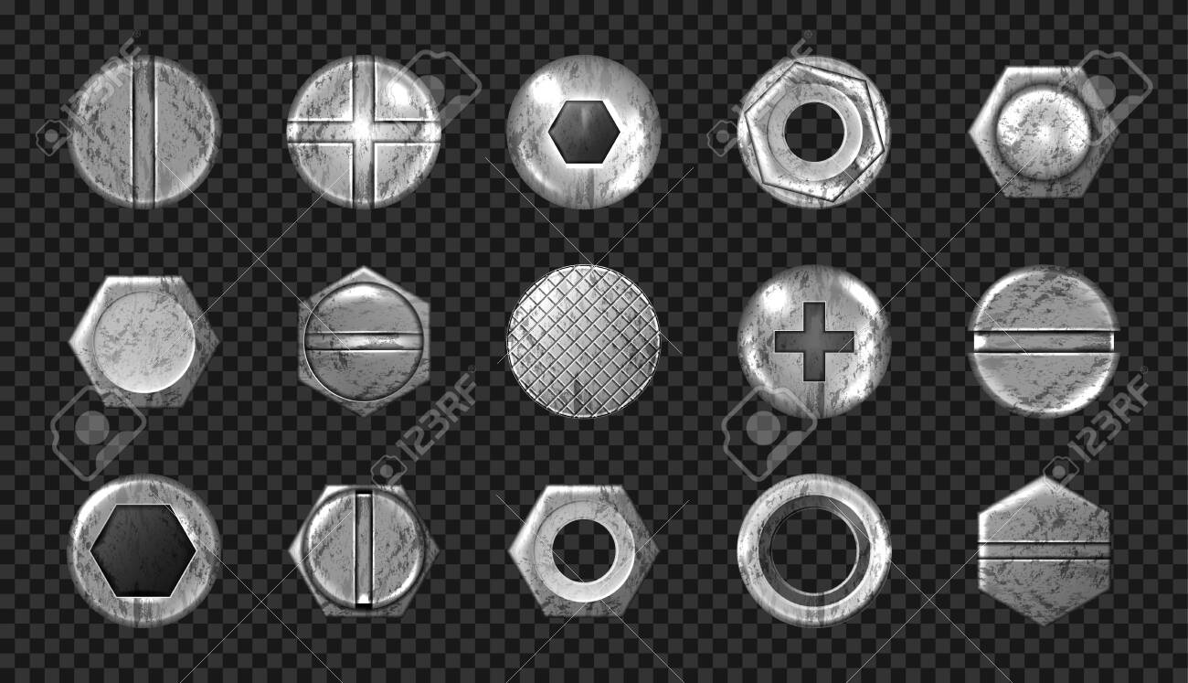 Parafuso velho e conjunto de cabeças de prego, parafusos de metal de aço, grunge rebites enferrujados tampas cinza hardware com sulcos e furos vista superior isolada no fundo transparente. - 153327997 Parafuso velho e conjunto de cabeças de prego, parafusos de metal de aço, grunge rebites enferrujados tampas cinza hardware com sulcos e furos vista superior isolada no fundo transparente. - 153327997
