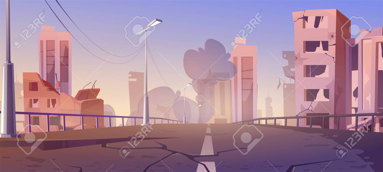 Cidade destruir na zona de guerra, edifícios abandonados e ponte com fumaça. destruição, desastre natural ou cataclismo, ruínas do mundo pós-apocalíptico com estrada e rua quebradas, ilustração vetorial de desenho animado - 156225535 Cidade destruir na zona de guerra, edifícios abandonados e ponte com fumaça. destruição, desastre natural ou cataclismo, ruínas do mundo pós-apocalíptico com estrada e rua quebradas, ilustração vetorial de desenho animado - 156225535