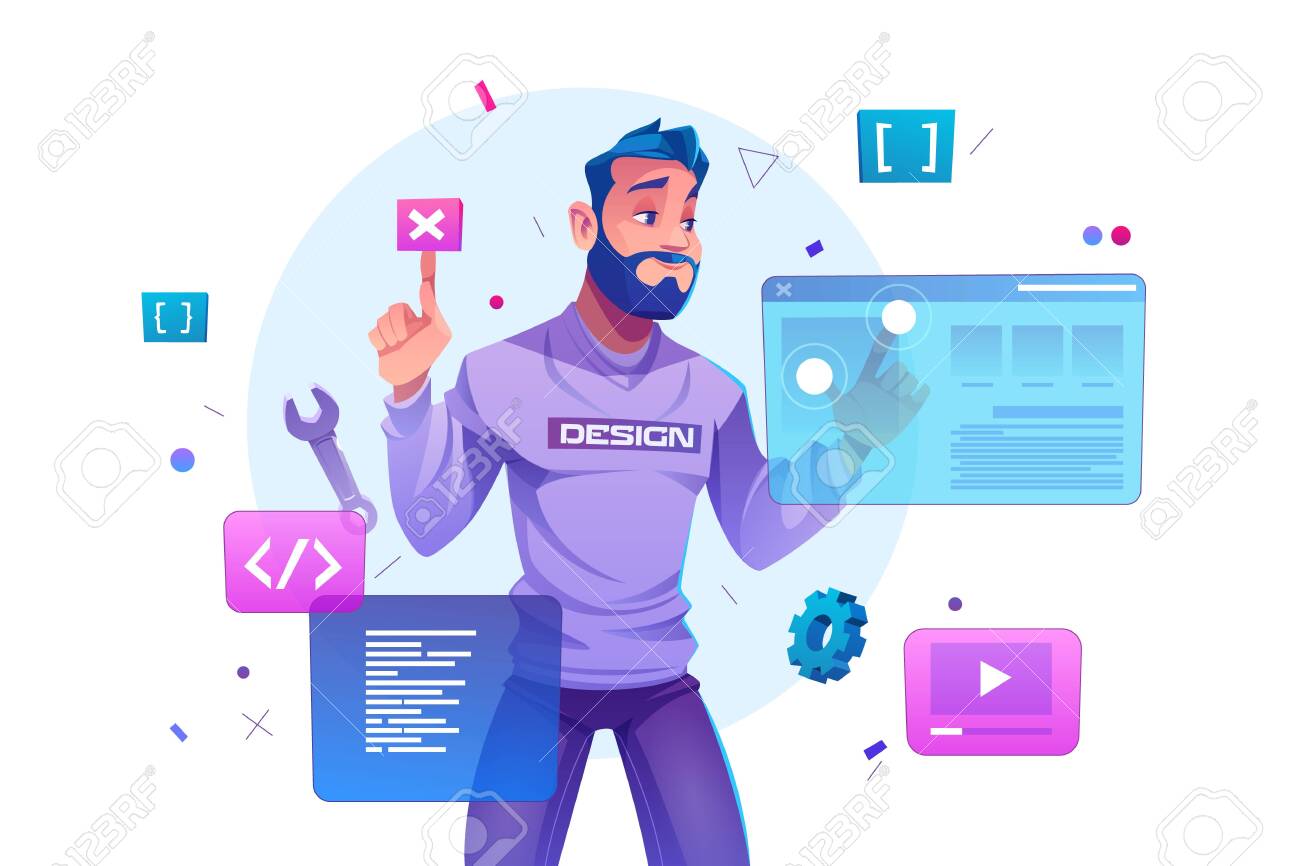 증강 현실 인터페이스 화면의 웹 개발, 프로그래머 엔지니어링 및 코딩 웹 사이트. 개발자 프로젝트 엔지니어 프로그래밍 소프트웨어 또는  응용 프로그램 디자인, 만화 벡터 일러스트 레이 션 로열티 무료 사진, 그림, 이미지 그리고