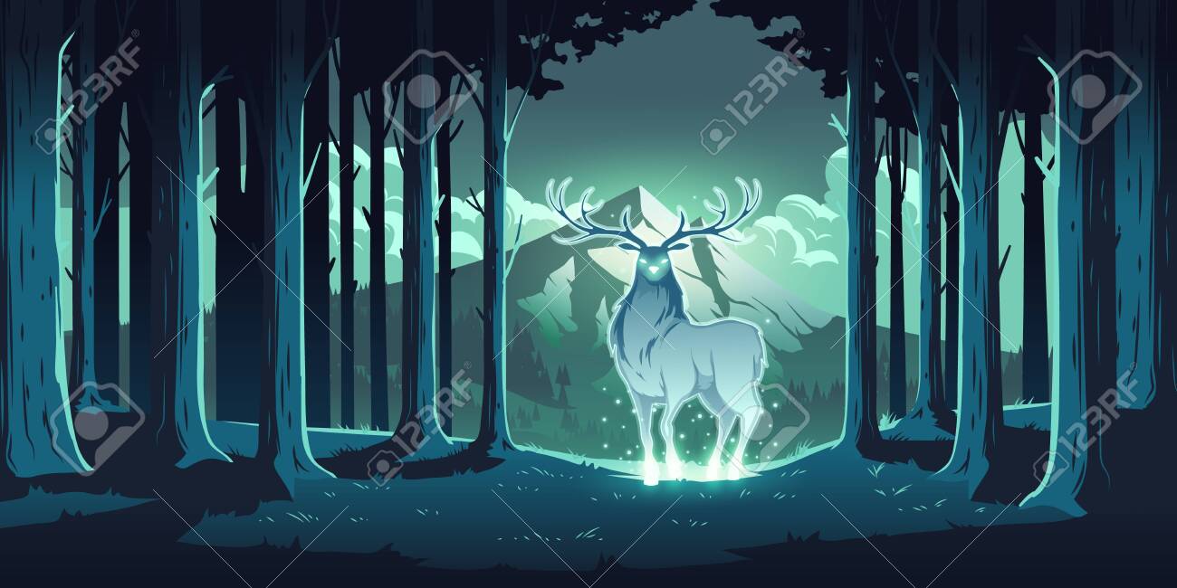 Magisch hert in nachtbos, mystieke hert met gloeiende ogen en lichaam, ziel van de natuur, houtbeschermer, totemisch dier bij bomen en berglandschap, majestueuze rendieren, cartoon vector illustratie - 157385496 Magisch hert in nachtbos, mystieke hert met gloeiende ogen en lichaam, ziel van de natuur, houtbeschermer, totemisch dier bij bomen en berglandschap, majestueuze rendieren, cartoon vector illustratie - 157385496