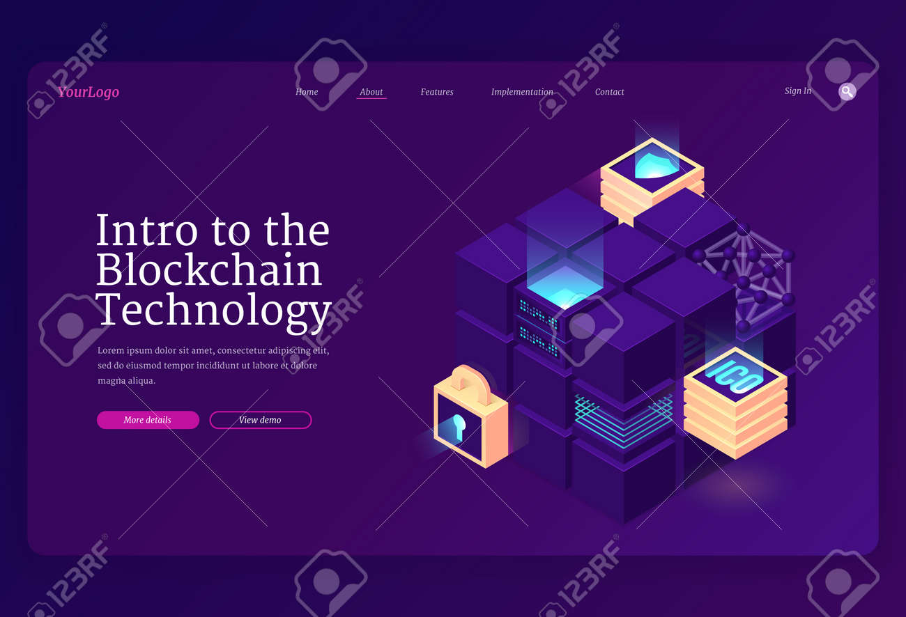 블록체인 기술 아이소메트릭 소개 페이지. 데이터 센터 또는 서버실 블록, 비트코인, 방패, 네온 빛나는 배경의 열쇠 구멍, 3d 벡터  웹 배너가 있는 암호화폐 마이닝 개념 로열티 무료 사진, 그림, 이미지 그리고 스톡포토그래피.