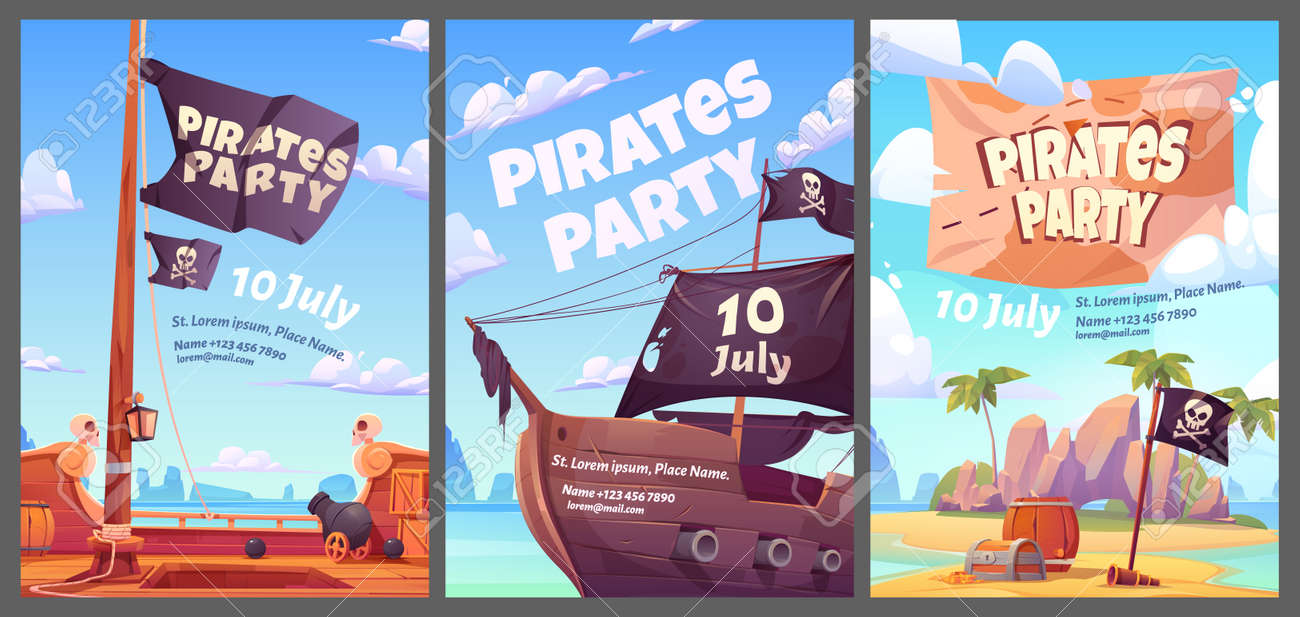 Conjunto de piratas com navio e ouro
